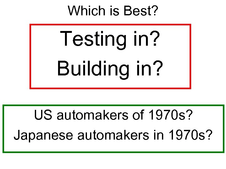 Which is Best? Testing in? Building in? US automakers of 1970 s? Japanese automakers