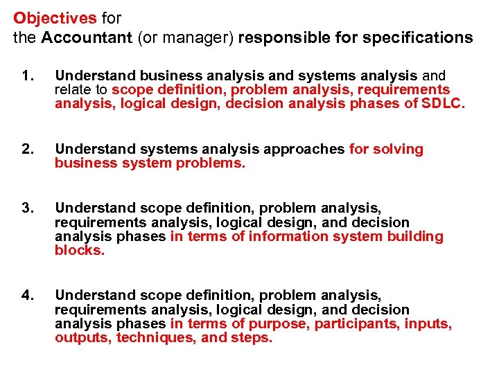 Objectives for the Accountant (or manager) responsible for specifications 1. Understand business analysis and