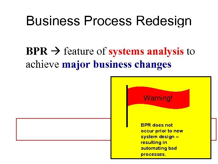 Business Process Redesign BPR feature of systems analysis to achieve major business changes goal