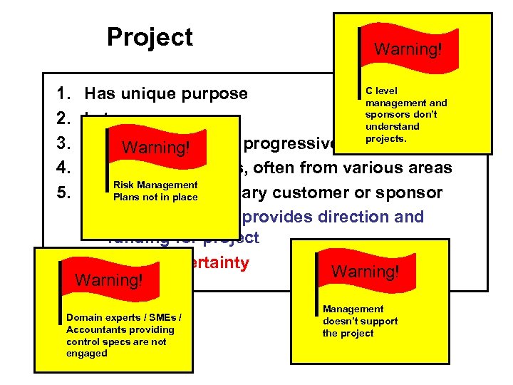 Project Warning! 1. 2. 3. 4. 5. C level Has unique purpose management and