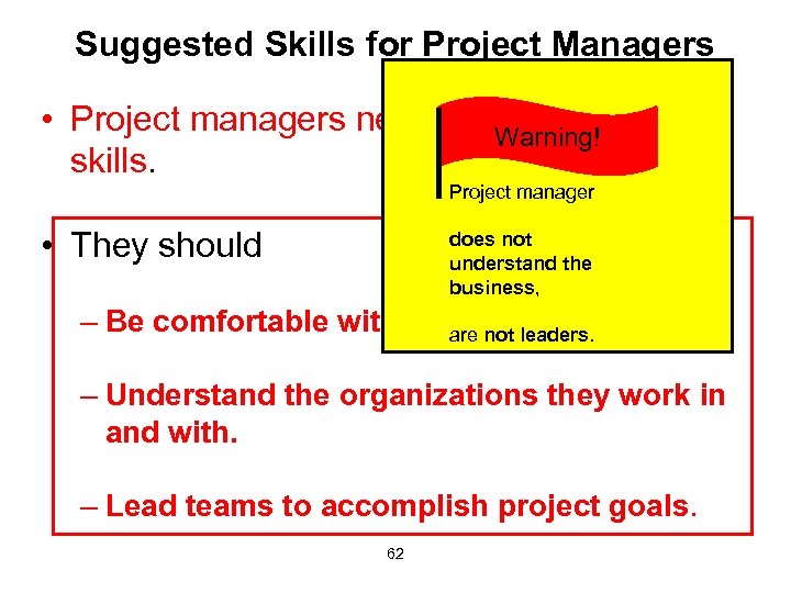 Suggested Skills for Project Managers • Project managers need a wide variety of Warning!