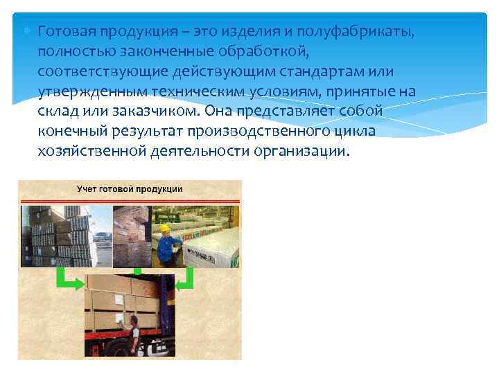  Готовая продукция – это изделия и полуфабрикаты, полностью законченные обработкой, соответствующие действующим стандартам