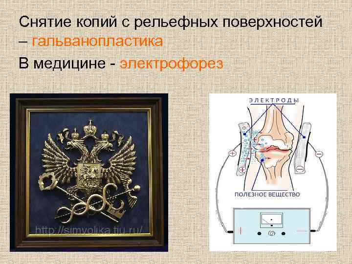 Снятие копий с рельефных поверхностей – гальванопластика В медицине - электрофорез 