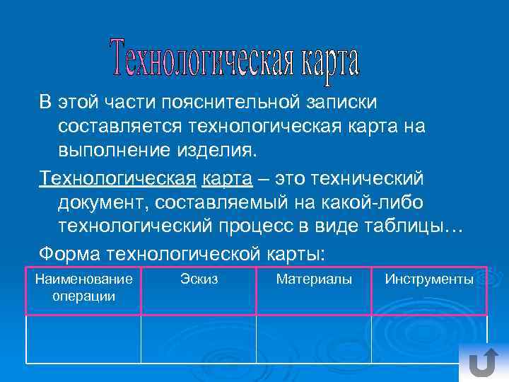 В этой части пояснительной записки составляется технологическая карта на выполнение изделия. Технологическая карта –