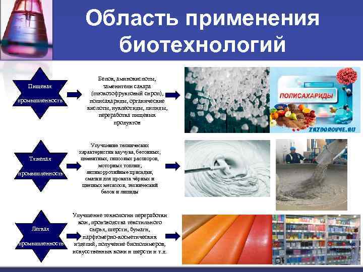 Область применения биотехнологий Пищевая промышленность Тяжелая промышленность Легкая промышленность Белок, аминокислоты, заменители сахара (глюкозофруктовый