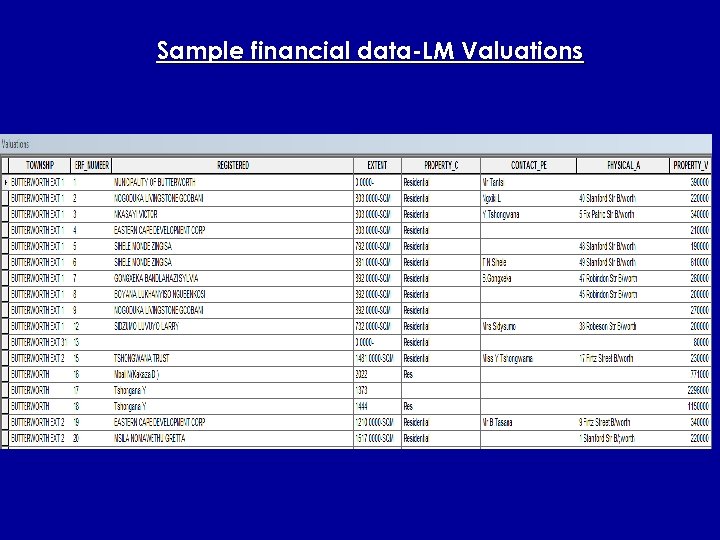 Sample financial data-LM Valuations 