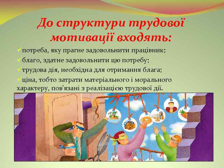 До структури трудової мотивації входять: üпотреба, яку прагне задовольнити працівник; üблаго, здатне задовольнити цю