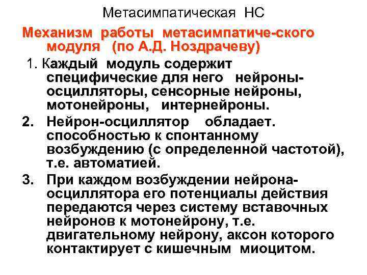 Метасимпатическая НС Механизм работы метасимпатиче ского модуля (по А. Д. Ноздрачеву) 1. Каждый модуль