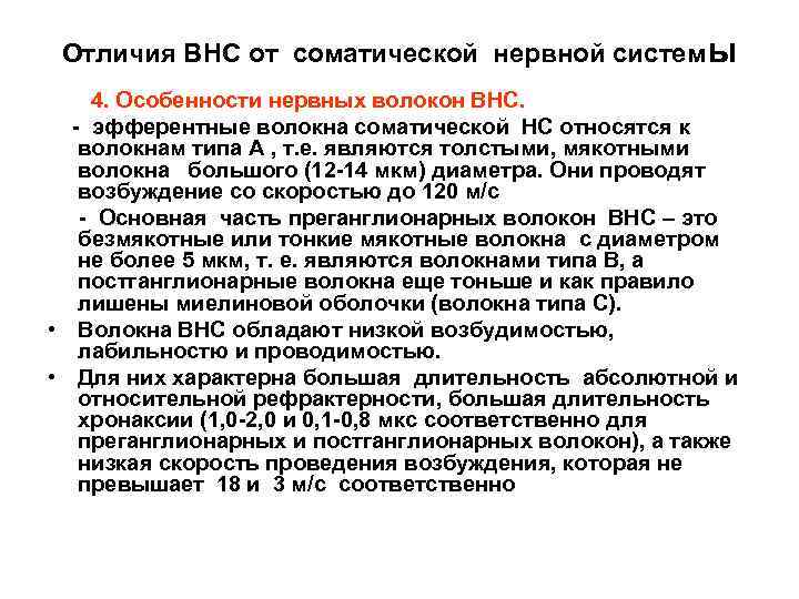 Отличия ВНС от соматической нервной системы 4. Особенности нервных волокон ВНС. эфферентные волокна соматической