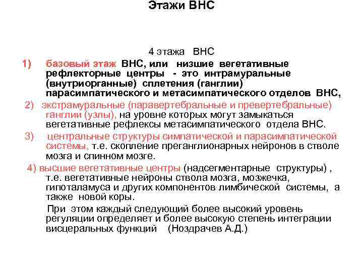 Этажи ВНС 4 этажа ВНС 1) базовый этаж ВНС, или низшие вегетативные рефлекторные центры