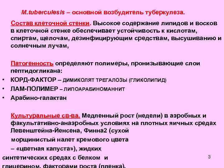 M. tuberculesis – основной возбудитель туберкулеза. Состав клеточной стенки. Высокое содержание липидов и восков