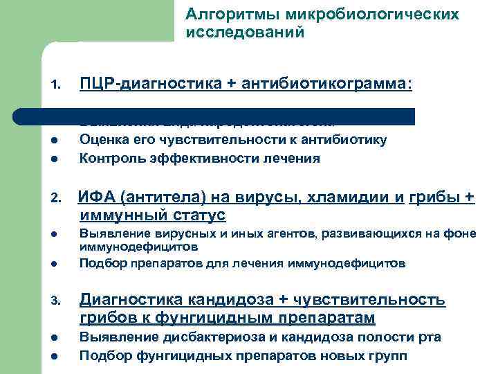 Алгоритмы микробиологических исследований 1. ПЦР-диагностика + антибиотикограмма: l Выявления вида пародонтопатогена Оценка его чувствительности