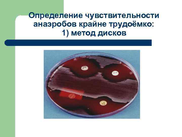 Определение чувствительности анаэробов крайне трудоёмко: 1) метод дисков 