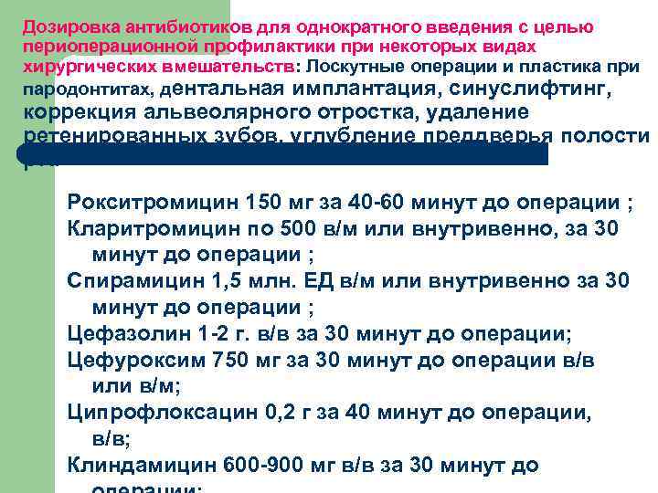 Дозировка антибиотиков для однократного введения с целью периоперационной профилактики при некоторых видах хирургических вмешательств: