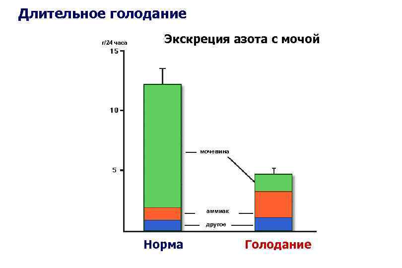 Длительное голодание г/24 часа Экскреция азота с мочой мочевина аммиак другое Норма Голодание 