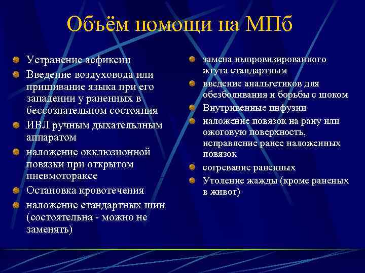 Объём помощи на МПб Устранение асфиксии Введение воздуховода или пришивание языка при его западении