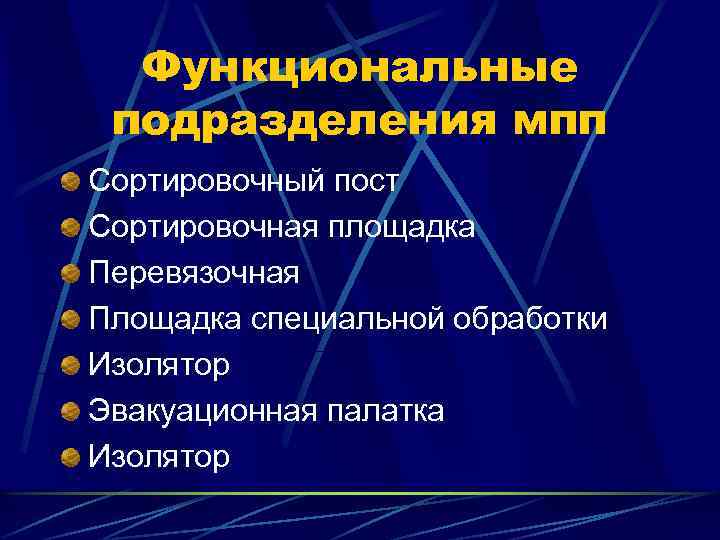 Функциональные подразделения мпп Сортировочный пост Сортировочная площадка Перевязочная Площадка специальной обработки Изолятор Эвакуационная палатка