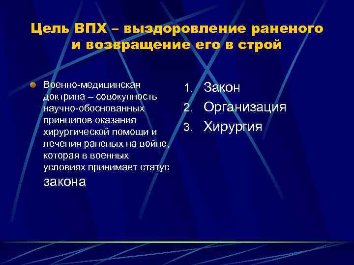 Цель ВПХ – выздоровление раненого и возвращение его в строй Военно-медицинская доктрина – совокупность