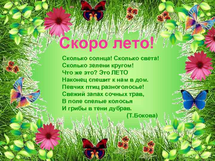 Скоро лето! Сколько солнца! Сколько света! Сколько зелени кругом! Что же это? Это ЛЕТО