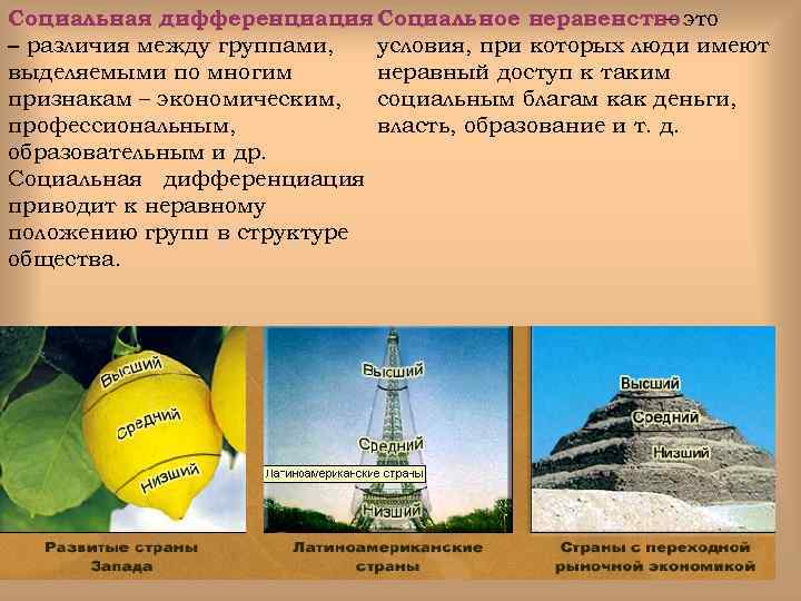 – Социальная дифференциация Социальное неравенство это условия, при которых люди имеют – различия между