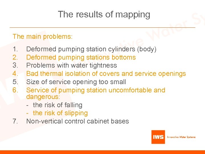 The results of mapping The main problems: 1. 2. 3. 4. 5. 6. 7.
