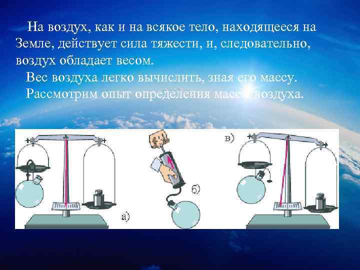 На воздух, как и на всякое тело, находящееся на Земле, действует сила тяжести, и,