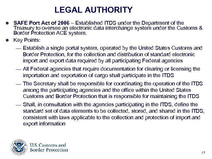 LEGAL AUTHORITY l SAFE Port Act of 2006 – Established ITDS under the Department