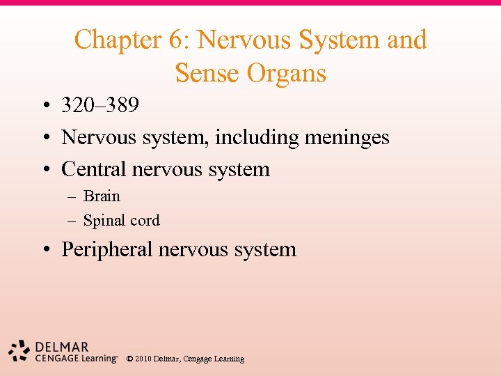 Chapter 6: Nervous System and Sense Organs • 320– 389 • Nervous system, including