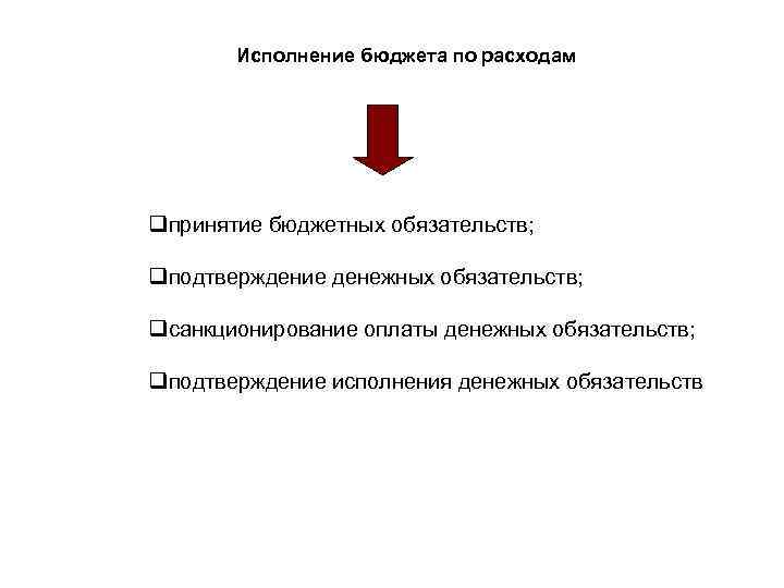 Исполнение бюджета по расходам qпринятие бюджетных обязательств; qподтверждение денежных обязательств; qсанкционирование оплаты денежных обязательств;