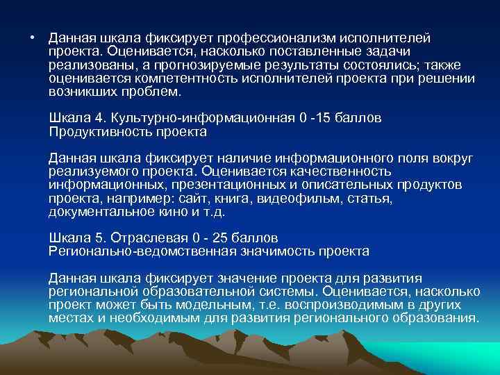  • Данная шкала фиксирует профессионализм исполнителей проекта. Оценивается, насколько поставленные задачи реализованы, а