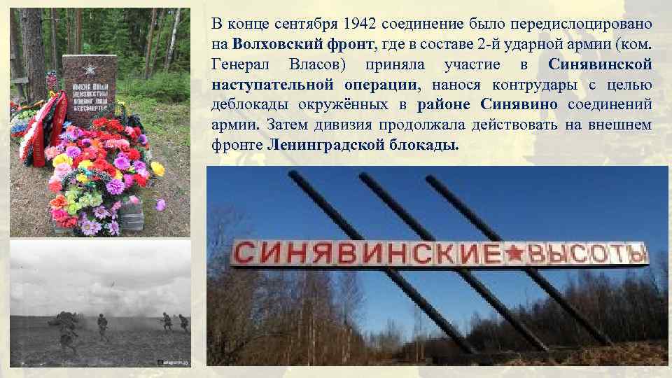 В конце сентября 1942 соединение было передислоцировано на Волховский фронт, где в составе 2