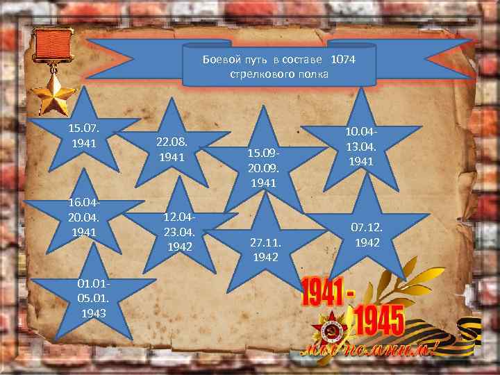 Боевой путь в составе 1074 стрелкового полка 15. 07. 1941 16. 0420. 04. 1941
