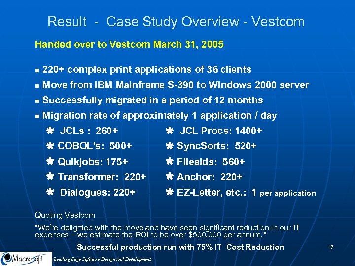 Result - Case Study Overview - Vestcom Handed over to Vestcom March 31, 2005