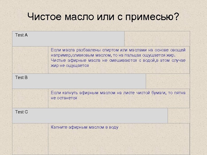 Чистое масло или с примесью? Test A Если масла разбавлены спиртом или маслами на