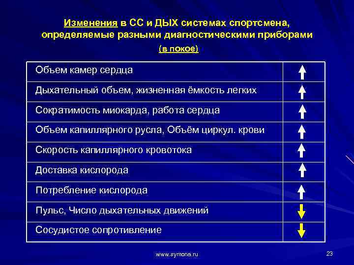 Изменения в СС и ДЫХ системах спортсмена, определяемые разными диагностическими приборами (в покое) Объем