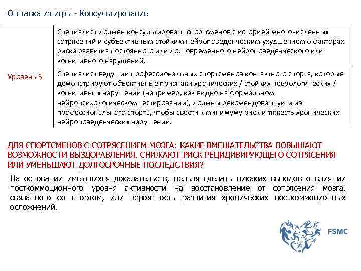 Отставка из игры - Консультирование Специалист должен консультировать спортсменов с историей многочисленных сотрясений и