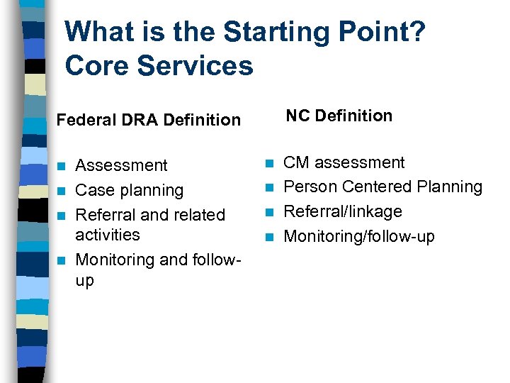 What is the Starting Point? Core Services NC Definition Federal DRA Definition Assessment n