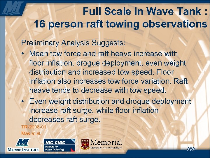 Full Scale in Wave Tank : 16 person raft towing observations Preliminary Analysis Suggests: