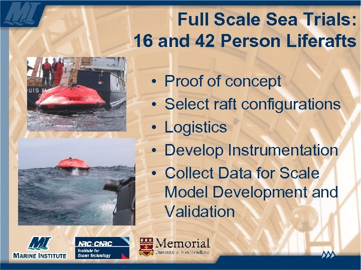 Full Scale Sea Trials: 16 and 42 Person Liferafts • • • Proof of