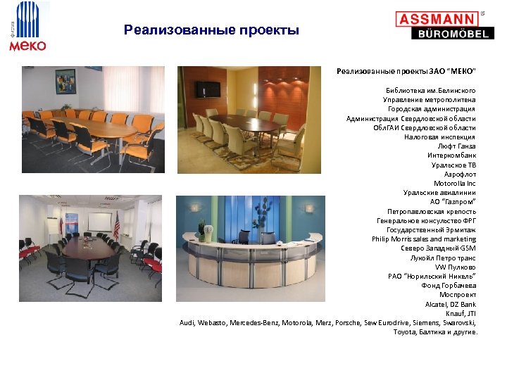  Реализованные проекты ЗАО “МЕКО” Библиотека им. Белинского Управление метрополитена Городская администрация Администрация Свердловской