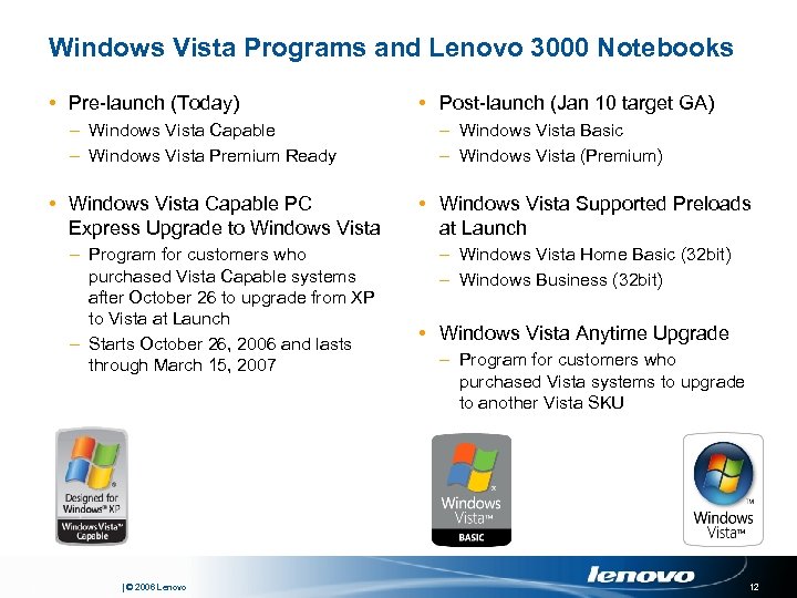 Windows Vista Programs and Lenovo 3000 Notebooks • Pre-launch (Today) – Windows Vista Capable