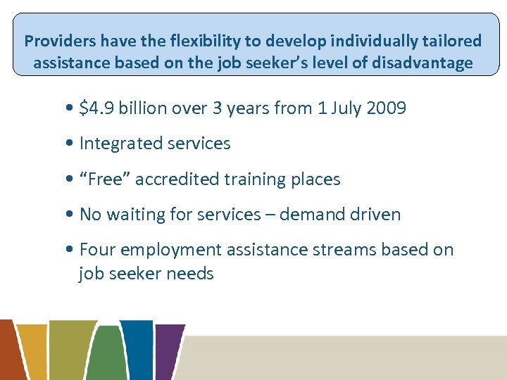 Providers have the flexibility to develop individually tailored assistance based on the job seeker’s