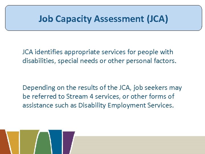 Job Capacity Assessment (JCA) JCA identifies appropriate services for people with disabilities, special needs