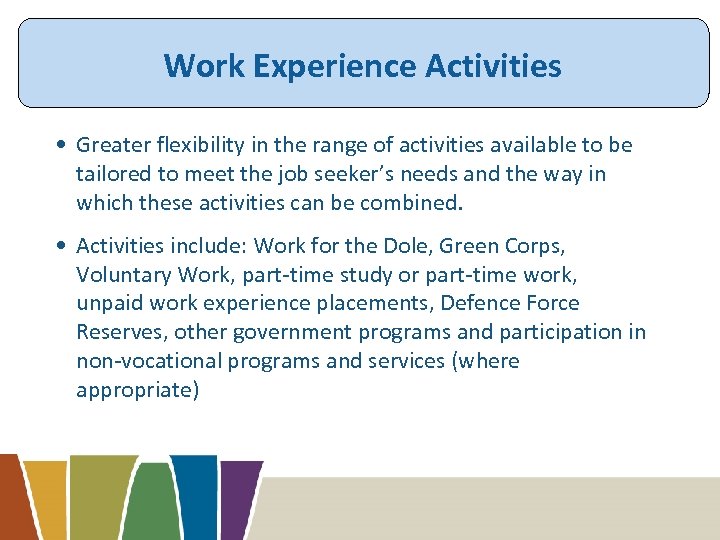 Work Experience Activities • Greater flexibility in the range of activities available to be