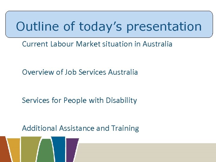 Outline of today’s presentation Current Labour Market situation in Australia Overview of Job Services