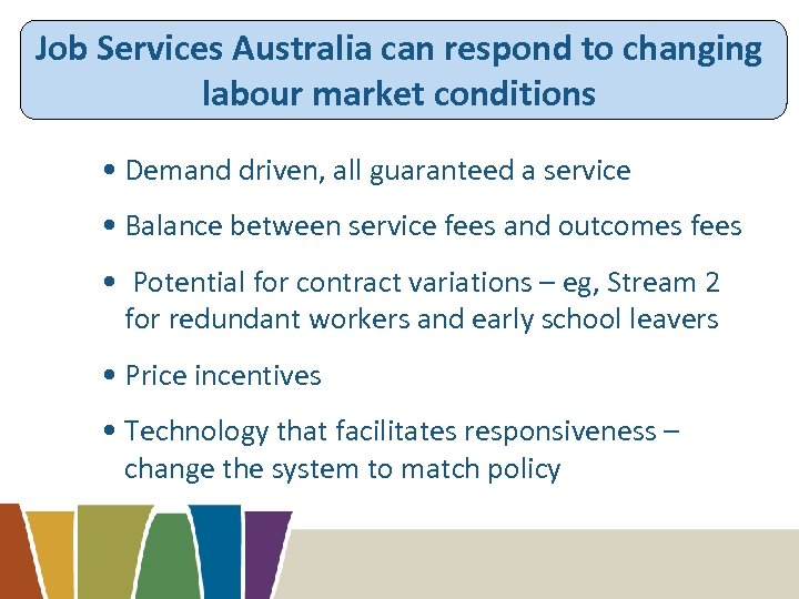 Job Services Australia can respond to changing labour market conditions • Demand driven, all