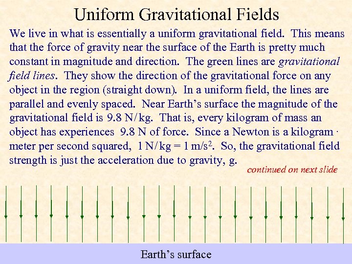 Uniform Gravitational Fields We live in what is essentially a uniform gravitational field. This