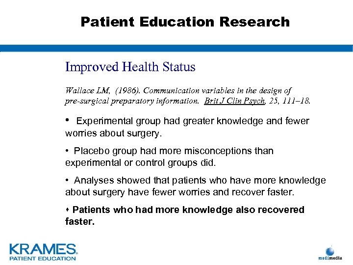 Patient Education Research Improved Health Status Wallace LM, (1986). Communication variables in the design