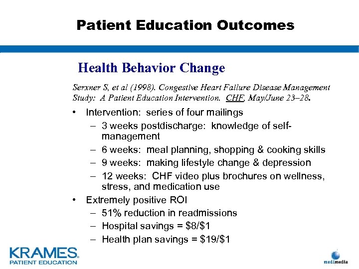 Patient Education Outcomes Health Behavior Change Serxner S, et al (1998). Congestive Heart Failure