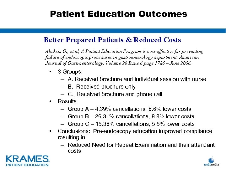 Patient Education Outcomes Better Prepared Patients & Reduced Costs Abuksis G. , et al,